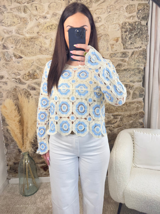 Top crochet bleu & écru - La tendance bohÚme chic