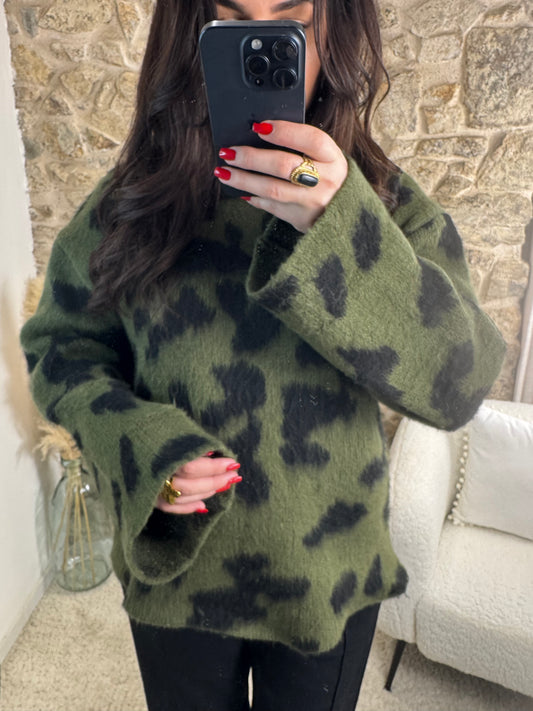 Pull Motif Léopard- Kaki et Noir