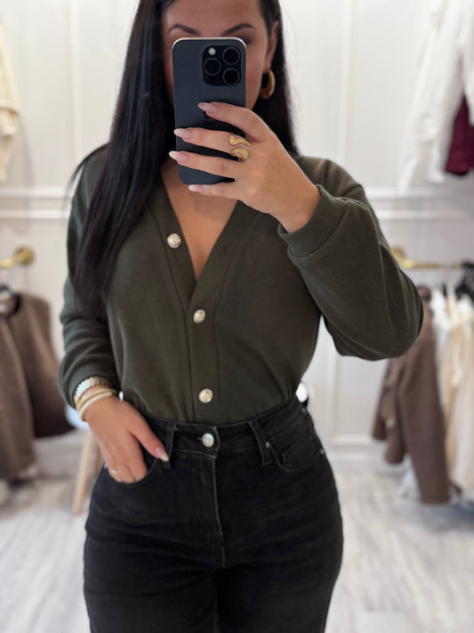 Cardigan Émilie – Élégance minimaliste Kaki