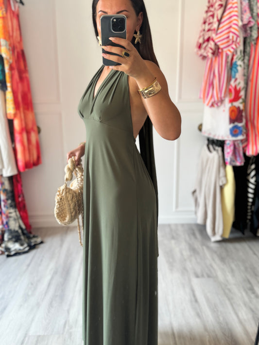 Robe Soraya – Longue & Multi-positions kaki  🌿