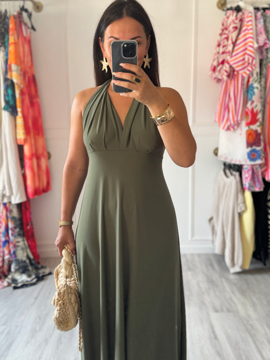 Robe Soraya – Longue & Multi-positions kaki  🌿