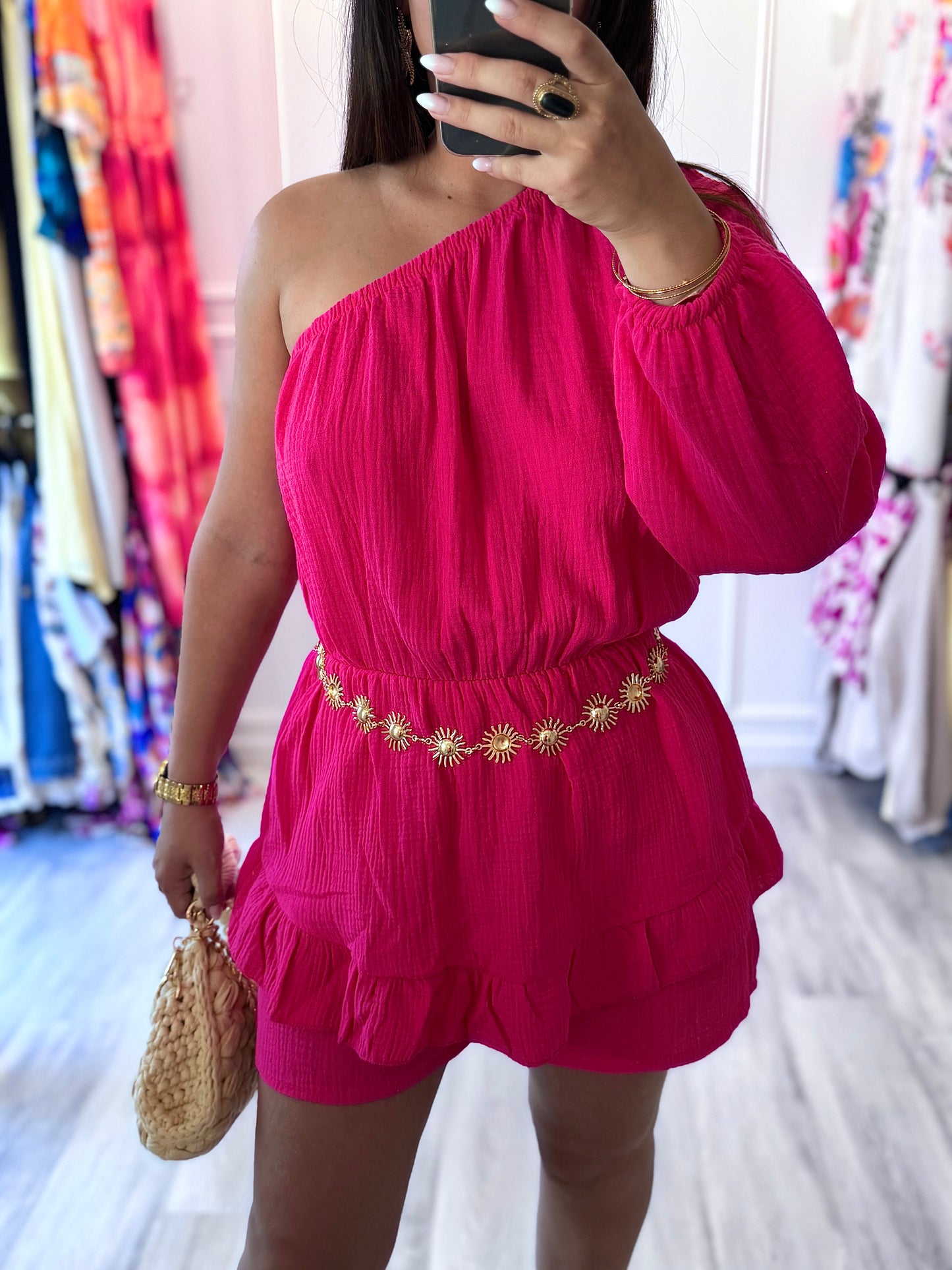 Combishort Ana – Rose fushia à l'épaule dénudée 🌸