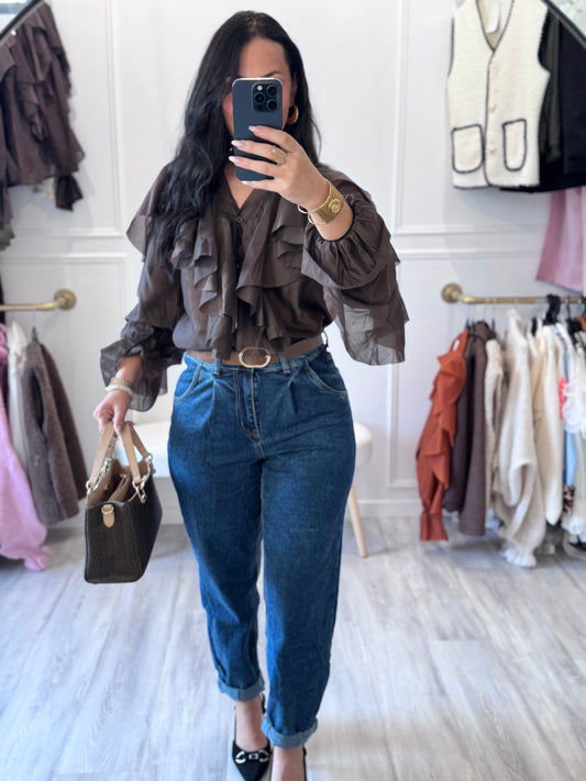 Blouse Éléna – Volants audacieux Marron profond