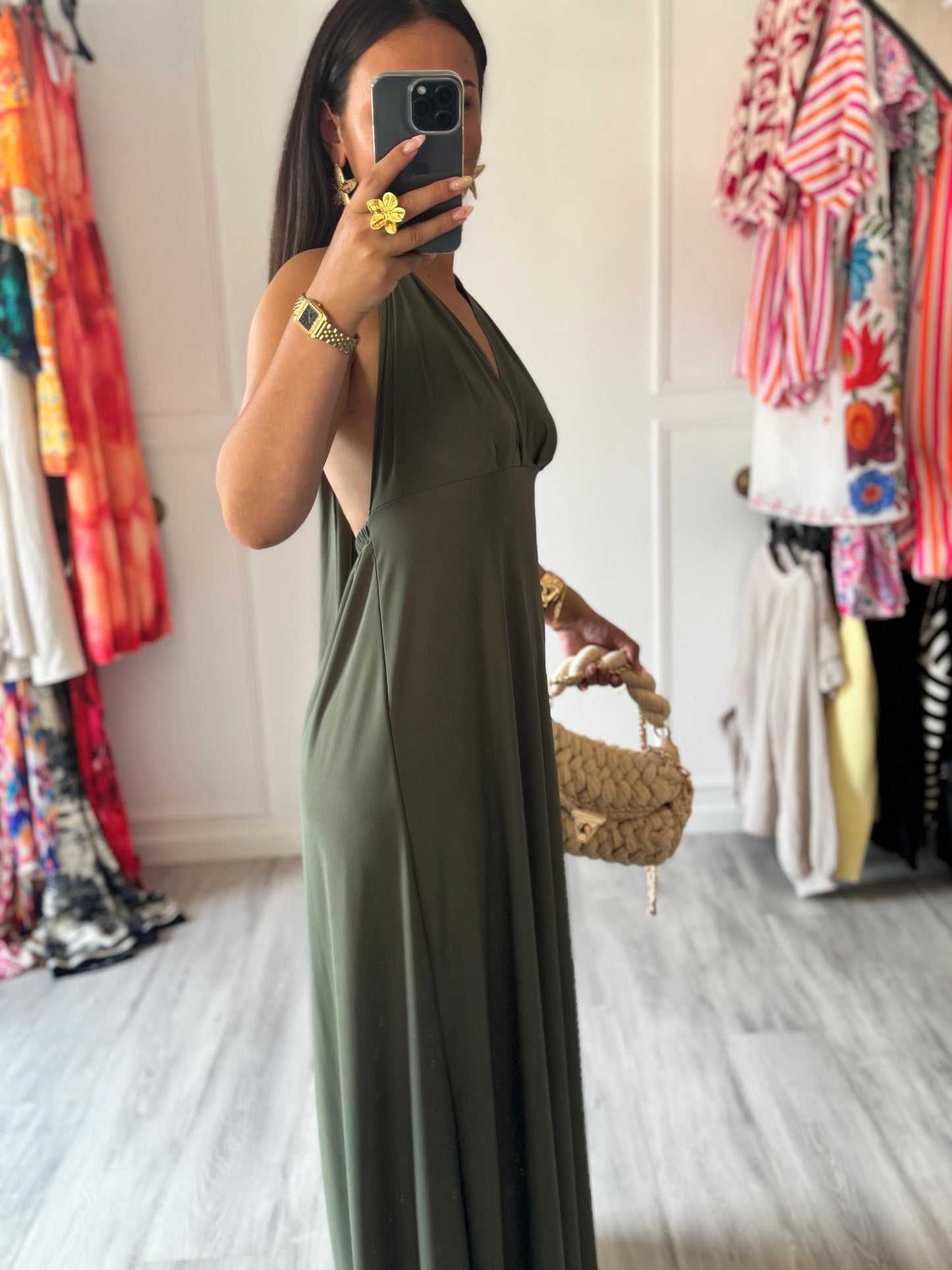 Robe Soraya – Longue & Multi-positions kaki  🌿