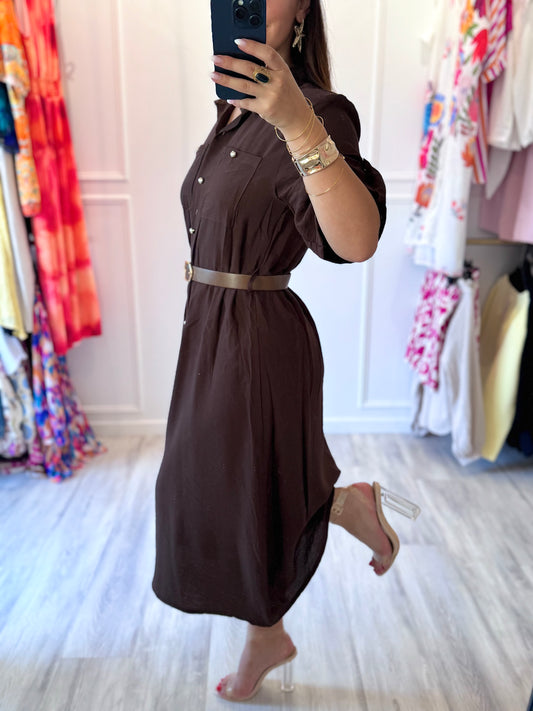 Robe chemise Élise – Chocolat intense & charisme assumé 🍫+ ceinture offerte