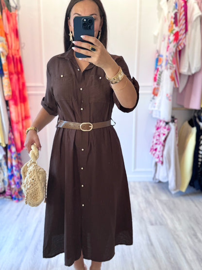 Robe chemise Élise – Chocolat intense & charisme assumé 🍫+ ceinture offerte