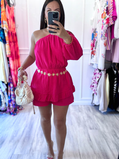Combishort Ana – Rose fushia à l'épaule dénudée 🌸