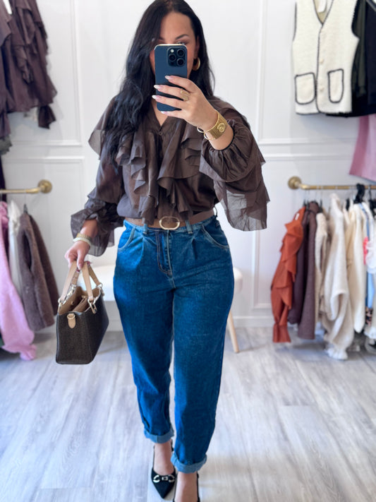 Blouse Éléna – Volants audacieux Marron profond