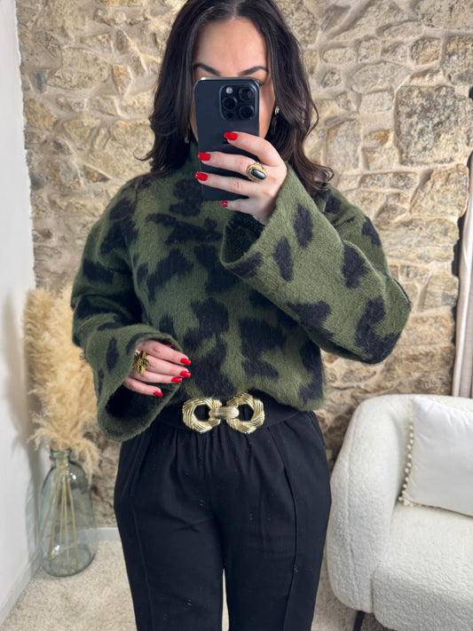 Pull Motif Léopard- Kaki et Noir