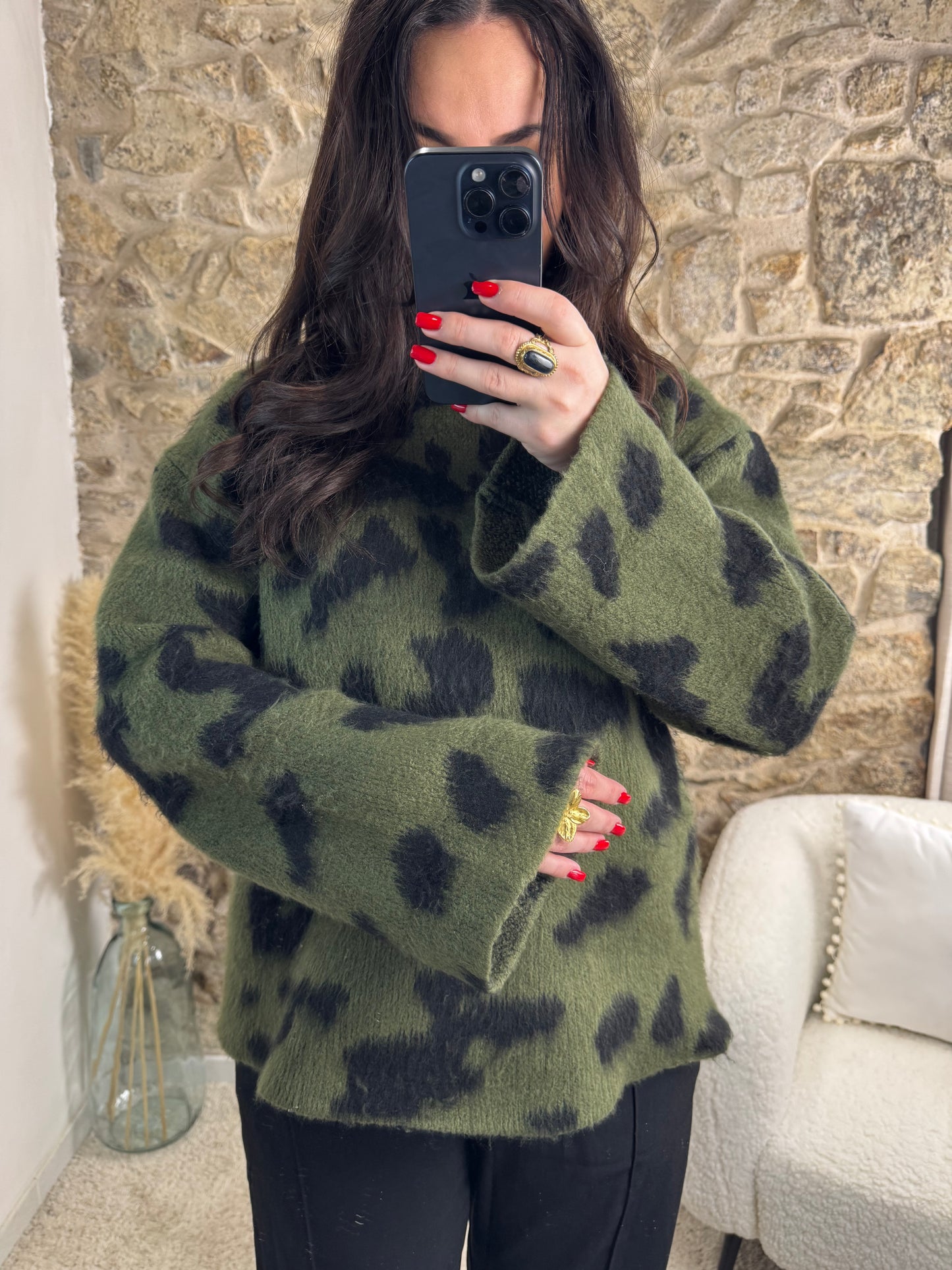Pull Motif Léopard- Kaki et Noir