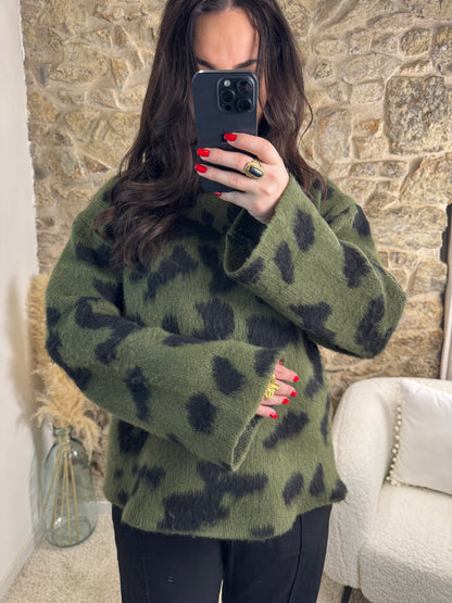 Pull Motif Léopard- Kaki et Noir