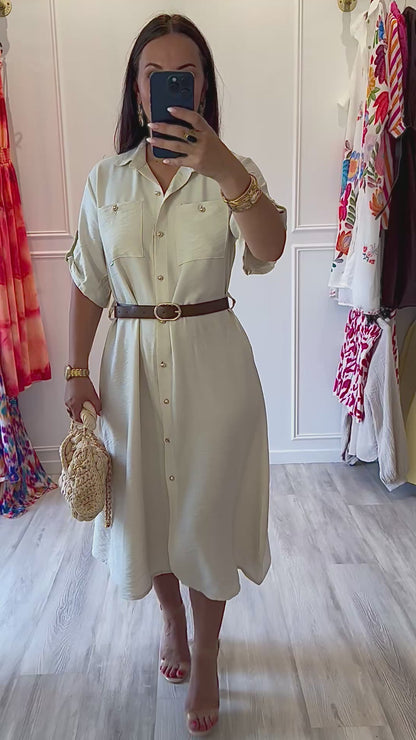 Robe chemise Élise – Lait d’amande & élégance naturelle 🤍+ ceinture offerte